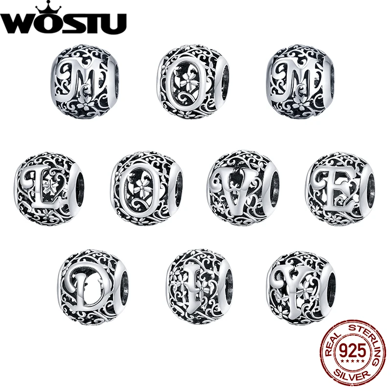 

WOSTU 925 Sterling Silver Letter A B C-Z Bead Charm Floral Vine Pattern Vintage Fit for Women Mom Bracelet DIY Fine Jewelry Gift