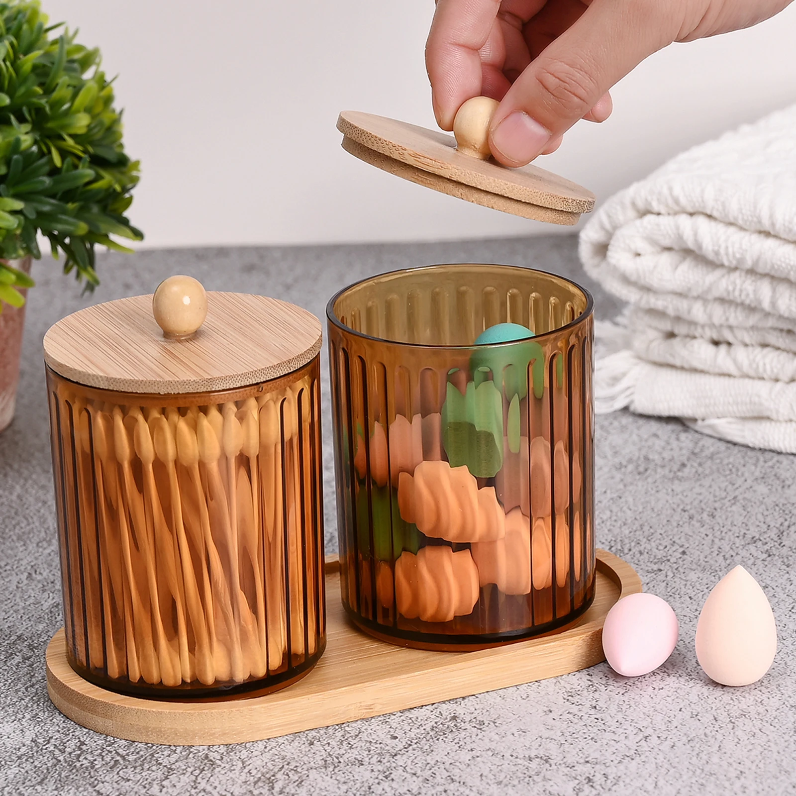 2/3PCS Amber Bathroom Jars with Tray Vanity Office Use Storage Jar Cotton Balls,Clips,Sponges,Floss Pick Apothecary Jars