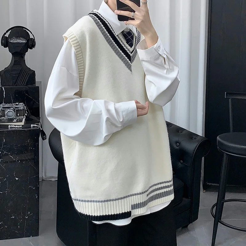 Oversize Sweater Vests Men Patchwork Preppy Style Couple Soft Knitwear Leisure Hipster Unisex Homme Sleeveless Jumpers All-match