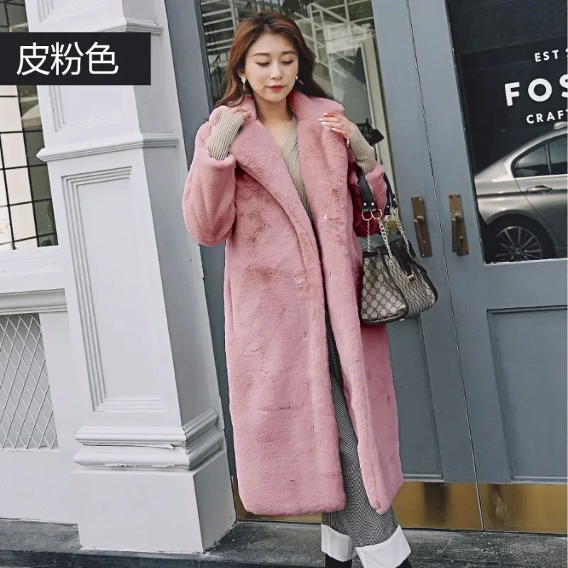 Chaqueta de piel de imitación con solapa para mujer, abrigo medio largo, versión coreana informal, temperamento, Comercio Exterior, tendencia al por mayor, novedad de 2024