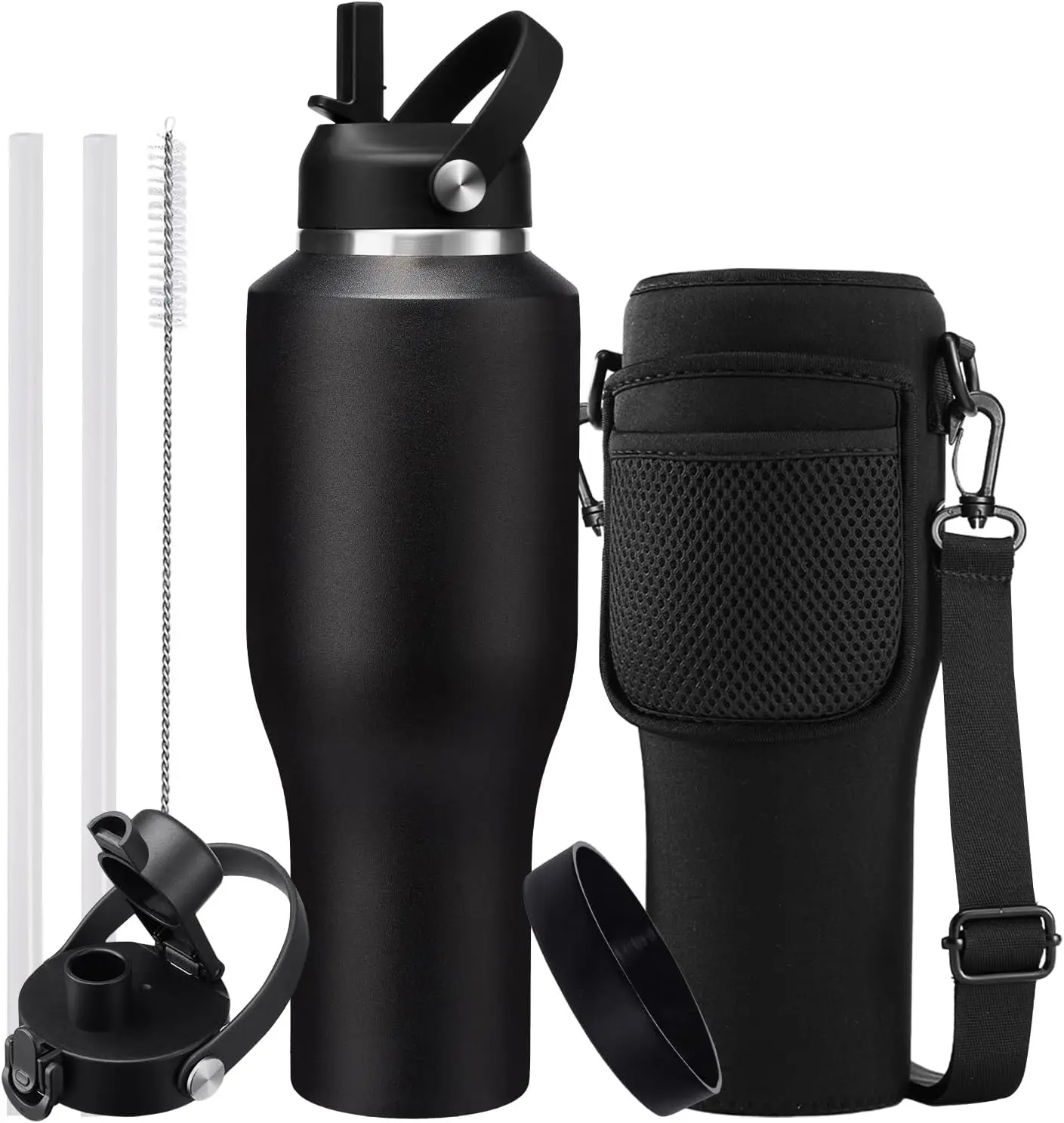 

Изолированные бутылки для воды из нержавеющей стали на 40 унций — холодный 48 часов и горячий 24 часа, герметичная металлическая колба для воды с рукавом, защитный чехол, B