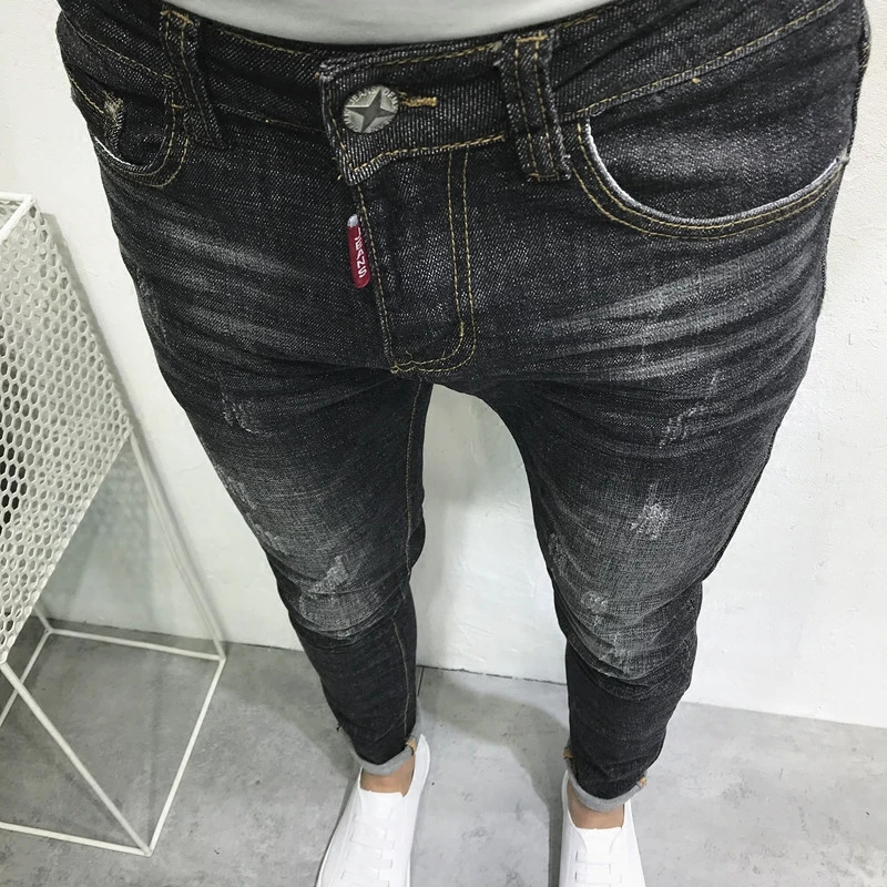 

Trendy Men's Slim Fit Elastic Jeans Summer New Korean Sle Bla Yellow Label Qui very Teenagers Faionable Casual Pants