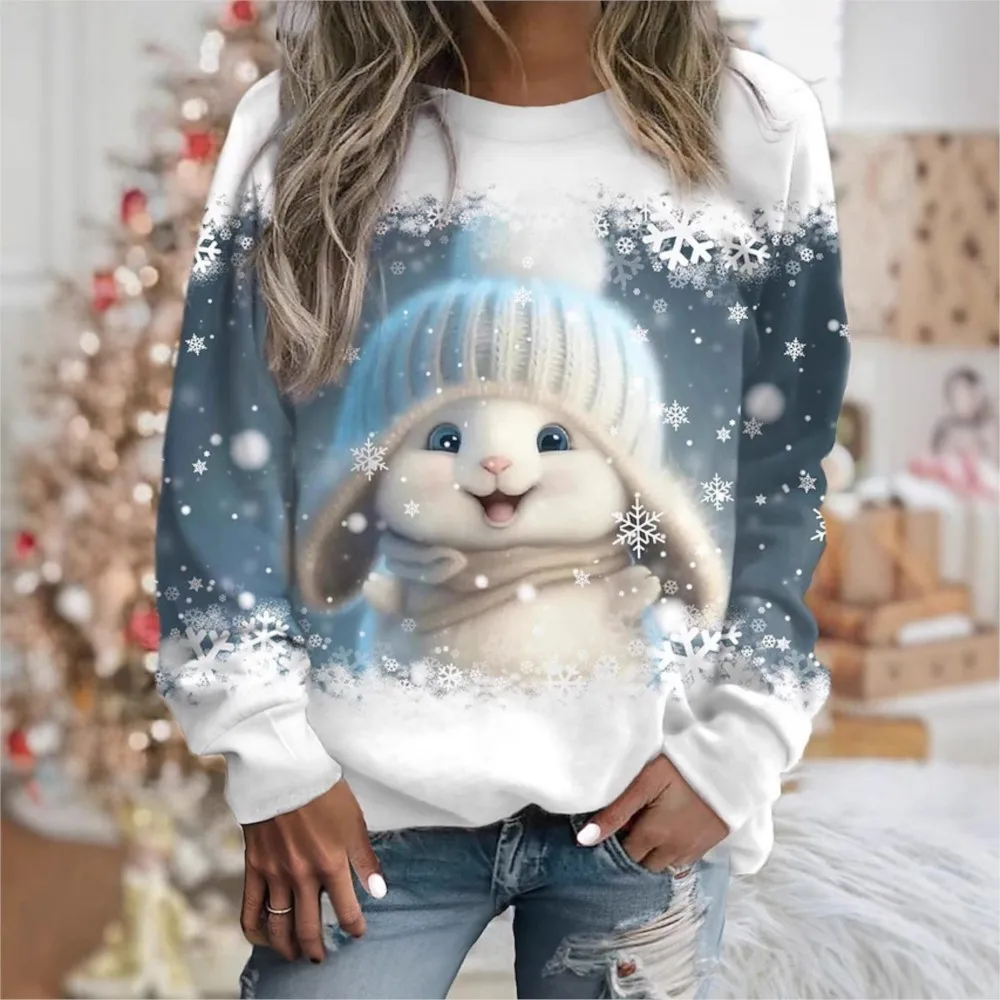 Nouveau 3D numérique imprimé lapin de noël mignon col rond pull à manches longues vêtements de sport décontracté ample sweats haut Femenino