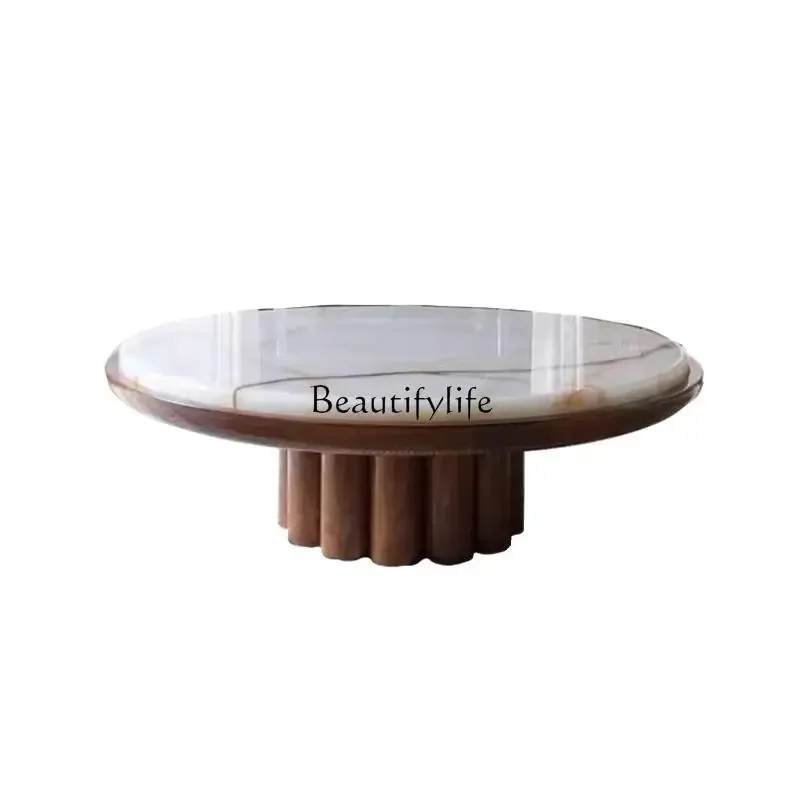 

05-Cream style natural marble solid wood coffee table Italian coffee table