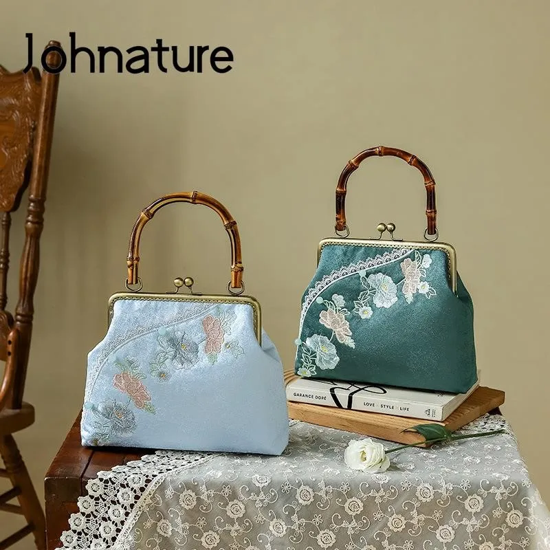 Johnature Exquisitely Embroidered Antique Cheongsam Bag 2024 New Women Elegant Handbag Versatile Vintage Shoulder Bags