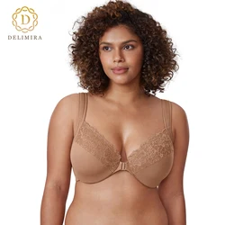 DELIMIRA Women's Front Closure Bras Plus Size Lace Full Coverage Underwire Unlined Bra B C D DD E F