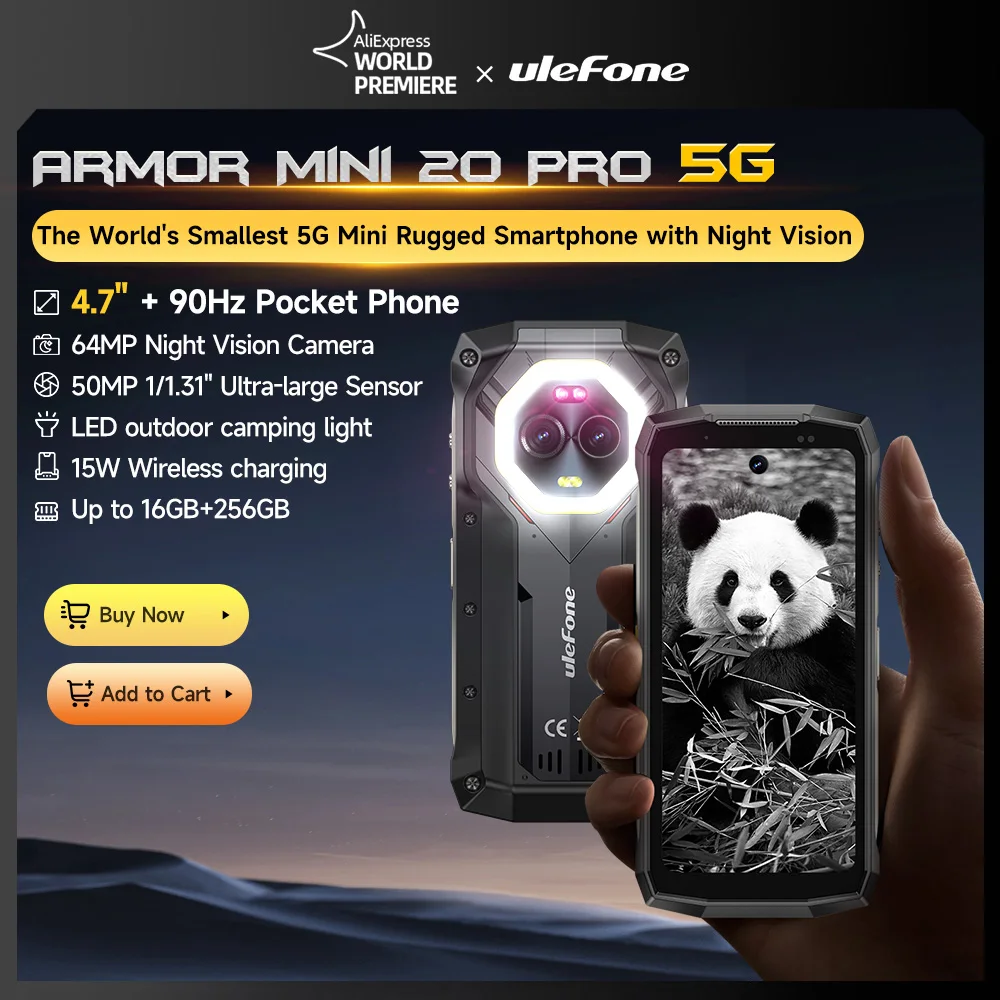 【العرض الأول عالميًا】 هاتف Ulefone Armor Mini 20 Pro 5G بشاشة 4.7 بوصة وكاميرا ليلية بدقة 64 ميجابكسل وإضاءة LED متعددة الاستخدامات ونظام تشغيل Android 14 وبطارية 6200 مللي أمبير في الساعة وذاكرة وصول عشوائي (RAM) بسع