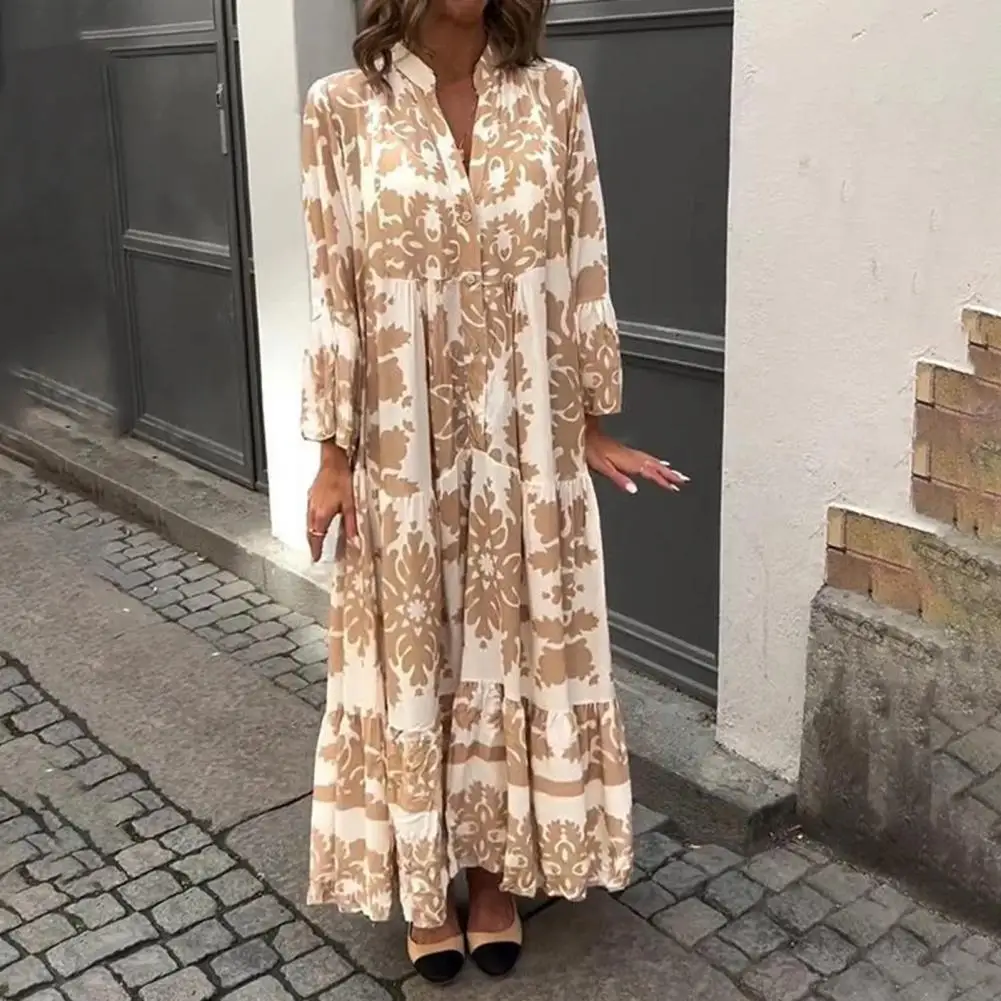 Women Maxi Dress V Neck Floral Printed Pleated Ruffle Patchwork Hem Horn Sleeves Single-breasted Long Dress Vestidoes Mujer