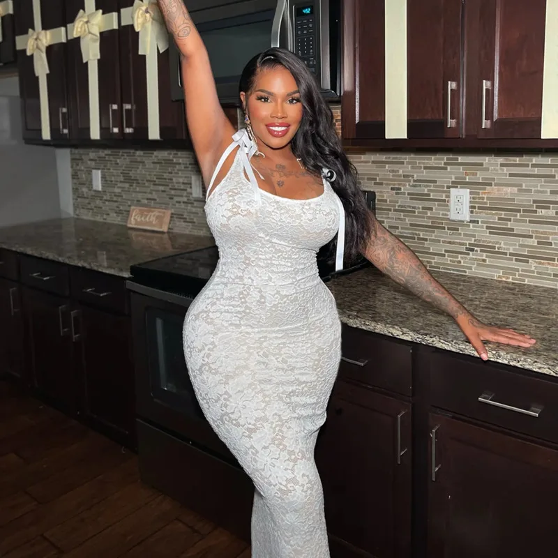 Moda feminina vestido de alça arco sexy sem costas rendas dupla camada vestido longo verão elegante floral fino ajuste vestido de cor sólida