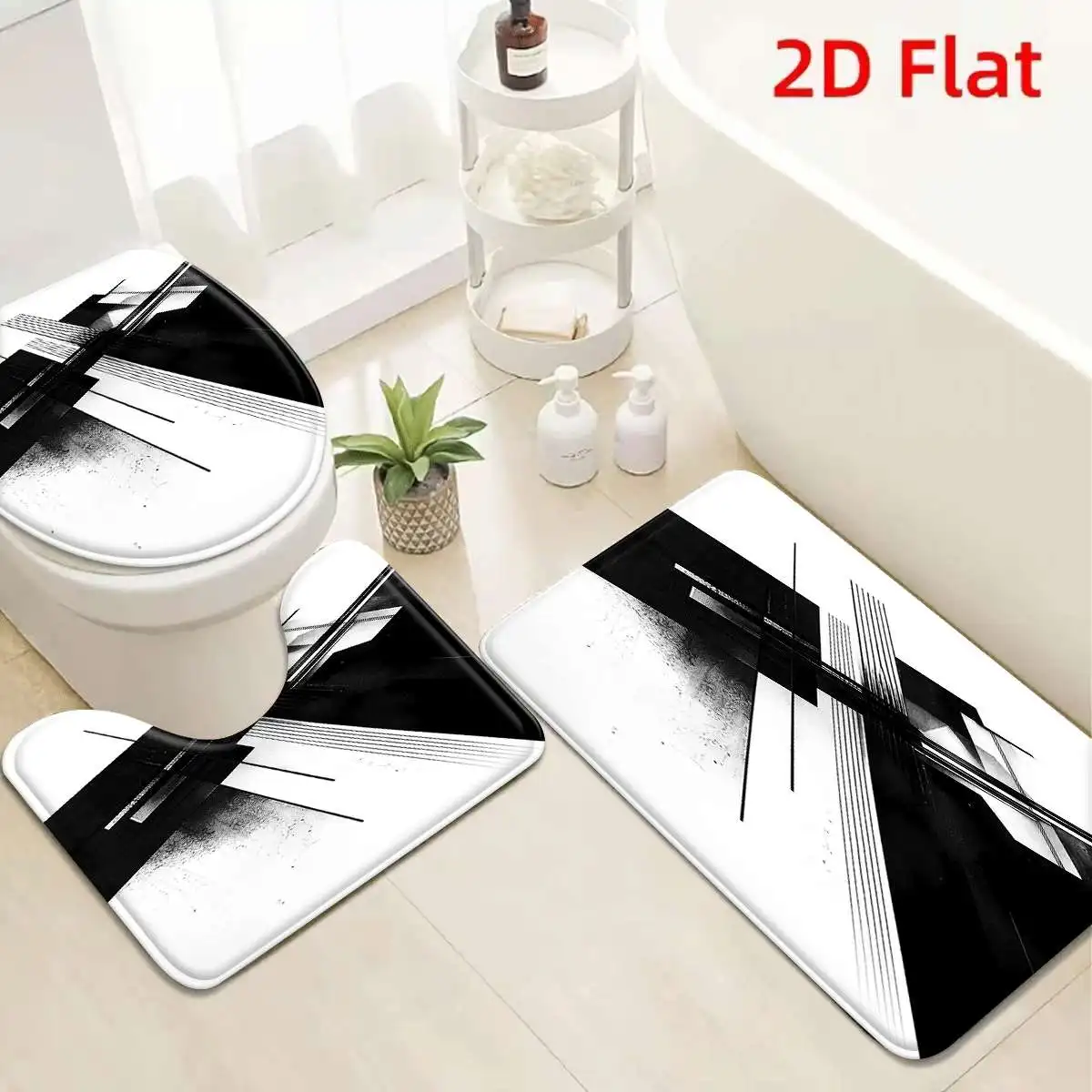 

3Pcs Black White Geometric Line Bath Mat Non Slip Absorbent Toilet Rug with Lid Cover for Bathroom Washable Flannel
