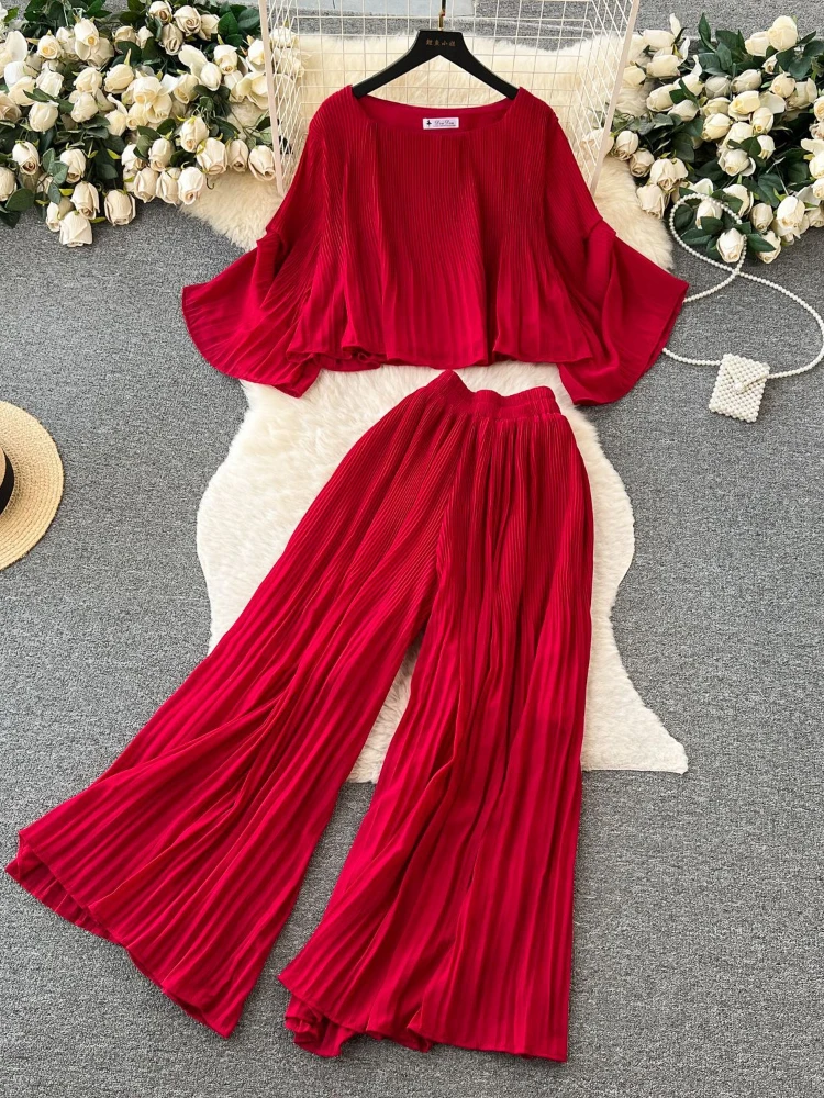 New Women Causal Chiffon Two Piece Set Spring Summer Loose Oversized Shirt Top High Waist Straight Leg Pants Pleated Suits