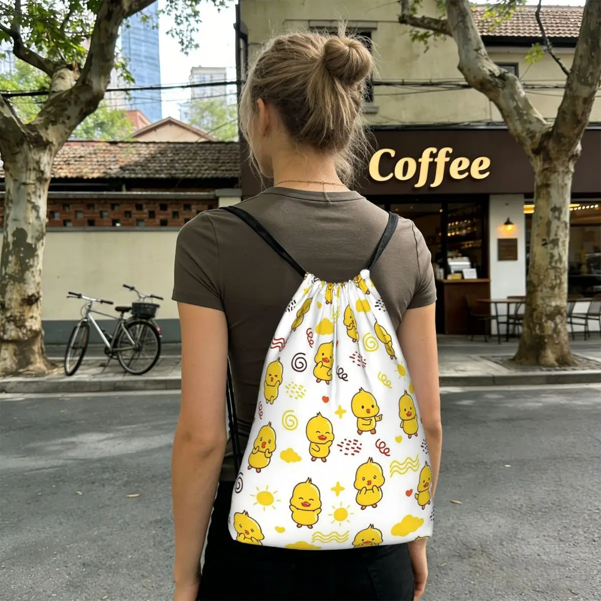

Cartoon Yellow Duck Pattern Backpacks Multi-function Drawstring Bags Sundries Bag Book Bags for Man Woman Students