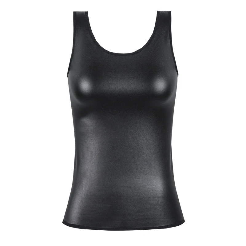 Moldeador de cuerpo de cuero para mujer, chaleco sin mangas con cuello redondo, Top sin mangas, corsé de entrenador de cintura, camisa delgada, tops moldeadores negros casuales de moda