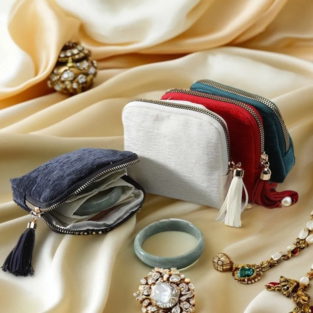 حافظة مجوهرات من الفلانيل للسفر بسحاب شرابة مع مقصورات منظم مجوهرات صغير محمول لتخزين المجوهرات #4