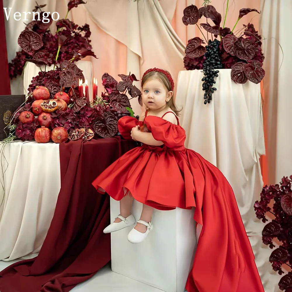 Sukienka Verngo Princess, czerwona satyna, dziewczęca, z kwiatami, na ramiączkach spaghetti, linia A, suknia balowa, sukienka celebrytki, na przyjęcie sylwestrowe, dla dzieci, szyta na miarę.