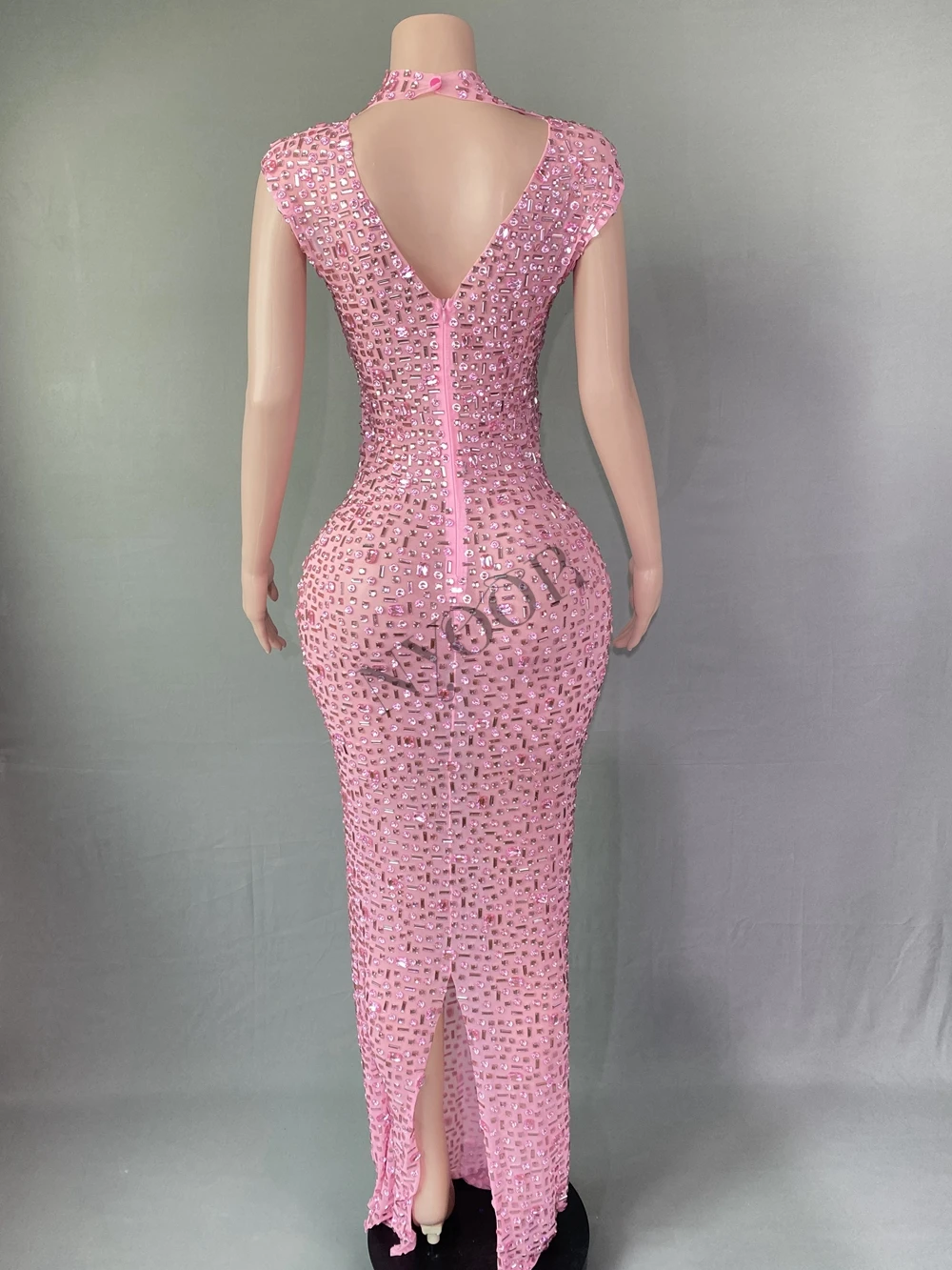 Funkelnde rosa Strass steine ärmelloses langes Kleid für Frauen sexy Mesh feiern Abend Abschluss ball Geburtstags kleid Fotoshooting tragen