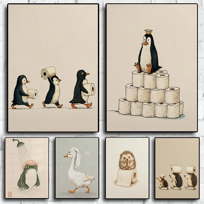 Cute Bathroom Hedgehog,Goose,Penguin,Frog Toilet Roll Storybook Animals Poster Canvas Painting Wall Art Pictures Home Decor