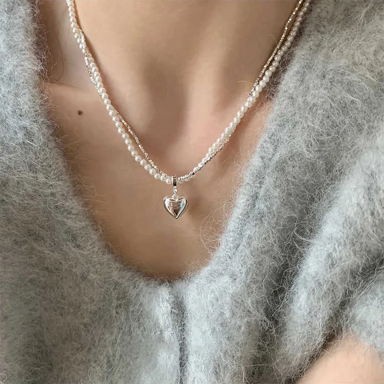 

VENTFILLE 925 Silver Love Herat Necklace for Women Bead Pearl Double Layer Versatile Jewelry Party Gift Dropshipping