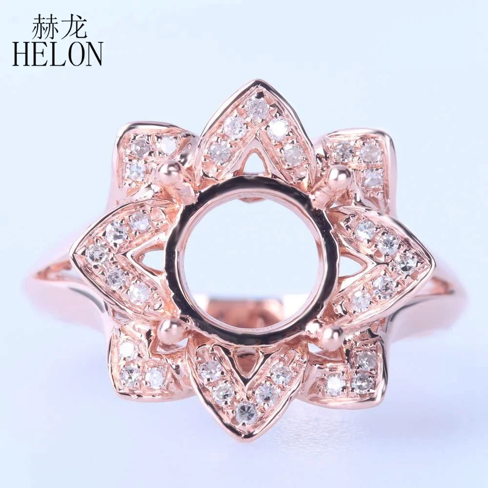 HELON Round 8mm Solid 10k Rose Gold Natural Diamonds Semi Mount Engagement Ring For Women Wedding Unique Flower Fine Jewelry