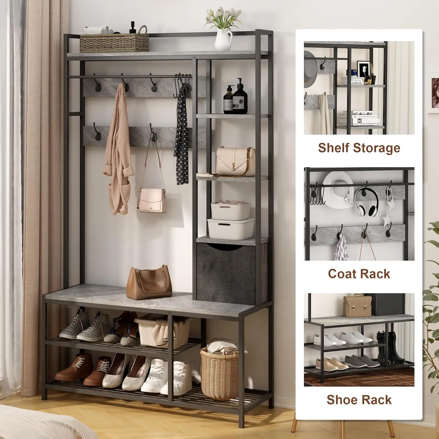 Hall Tree with Bench and Shoe Storage Coat Rack Freestanding 5-Tier Shelves Fabric Storage Basket with 12 Hooks for Entryway