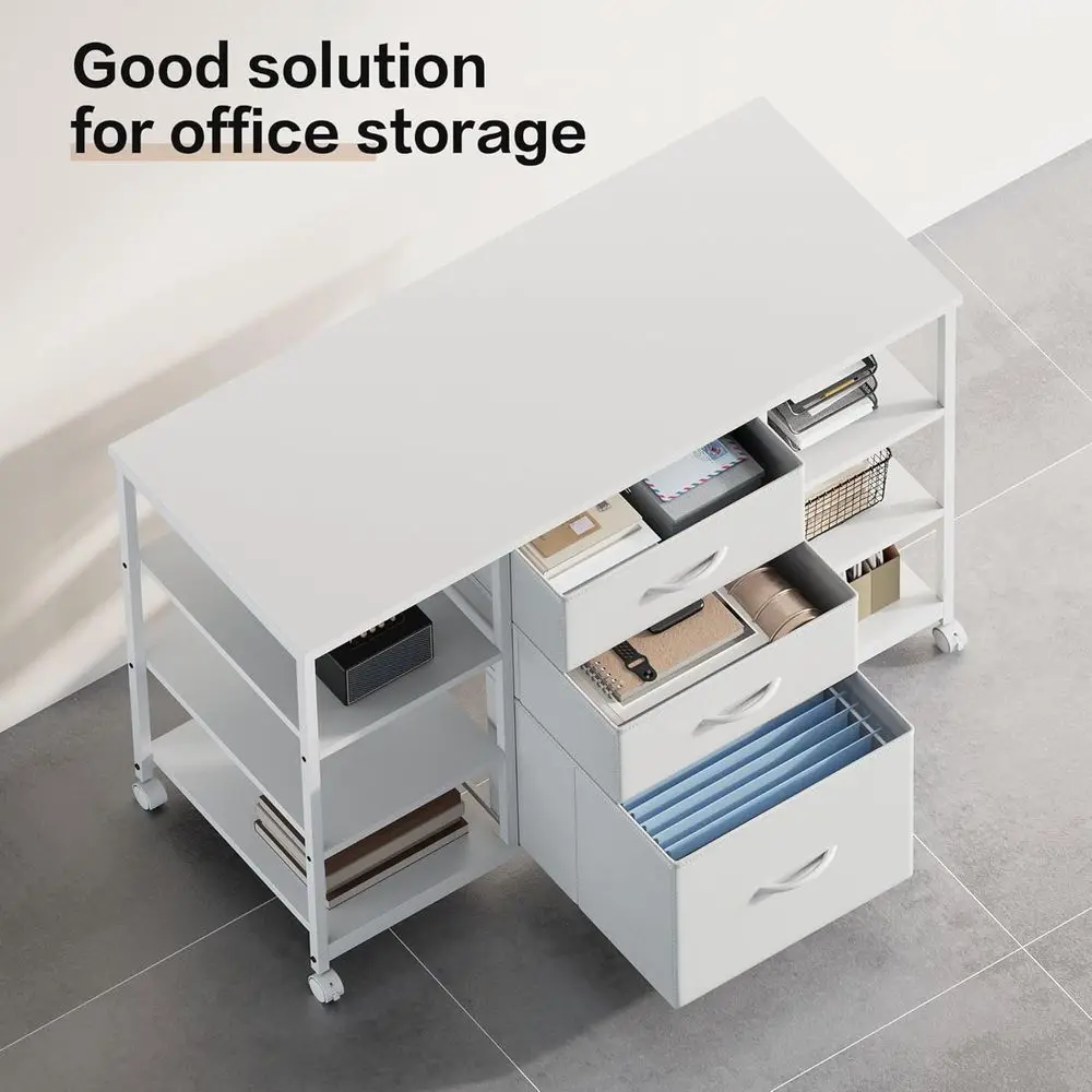 خزانة ملفات جانبية من القماش ذات 3 أدراج باللون الأبيض مع حامل طابعة دوارة و4 أرفف تخزين للمكتب المنزلي