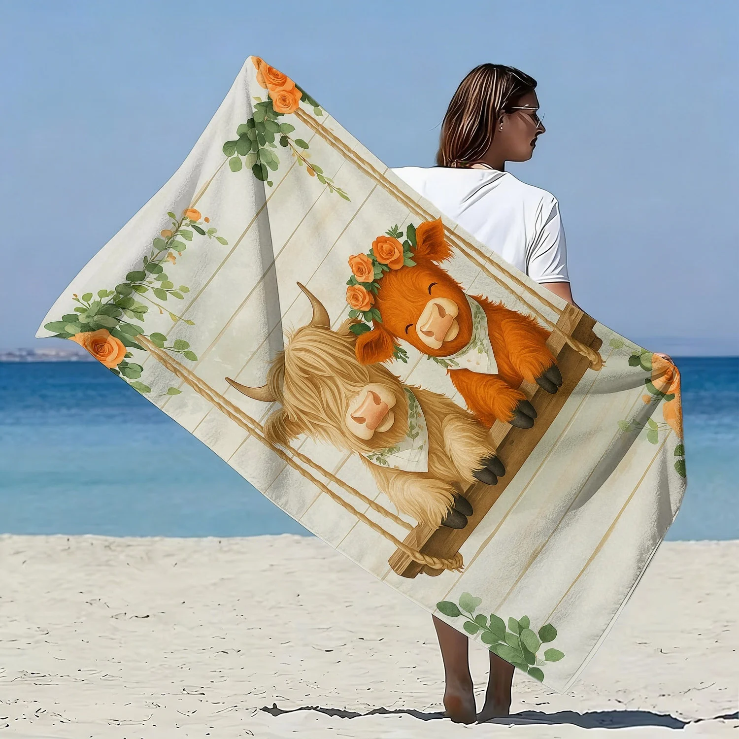 theme of Scottish Highland Cattle polyester microfiber beach towel is highly absorbent, suitable for swimming and beach outings