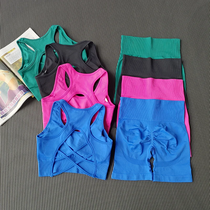 Pfirsichfarbenes Damen-Set mit High-Waist-Shorts und BH, Po-Lifting-Fitness-Set, geraffter Rücken, Yoga-Anzug, eng anliegend für Lauf- und Trainingsübungen – Detail 16