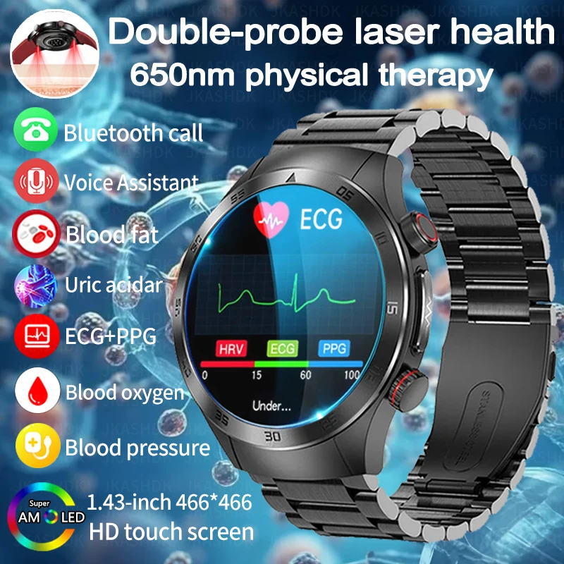 Relógio inteligente 2025 com monitor de saúde, ácido úrico, gordura corporal, terapia a laser, chamadas Bluetooth, ECG+PPG para homens, compatível com