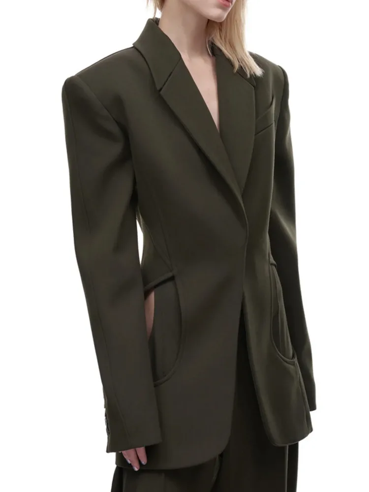 ZMEENNA Women's Fashion Forward Black Blazer Jacket With Waist Defining Silhouette Unique Pocket Design Modern Chic ZM3343