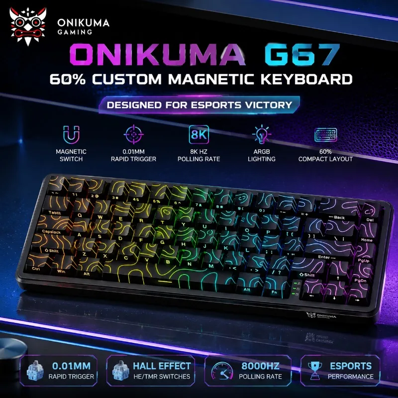 ONIKUMA G67 Mechanical Keyboard 60% Percent Magnetic Switch Rapid Trigger 8K Polling Rate ARGB HE TMR Gaming Keyboard For