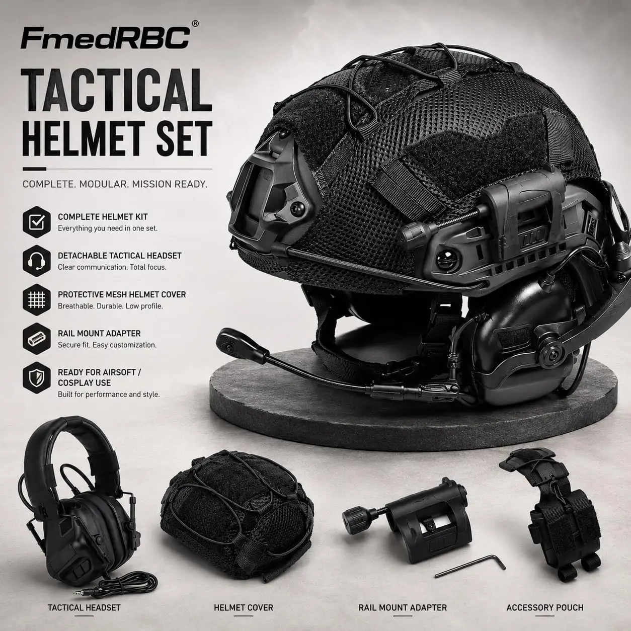

Tactical Helmet Set with Comms Headset Mesh Cover Detachable Boom Mic Counterweight Pouch for Airsoft, Paintball, Cosplay