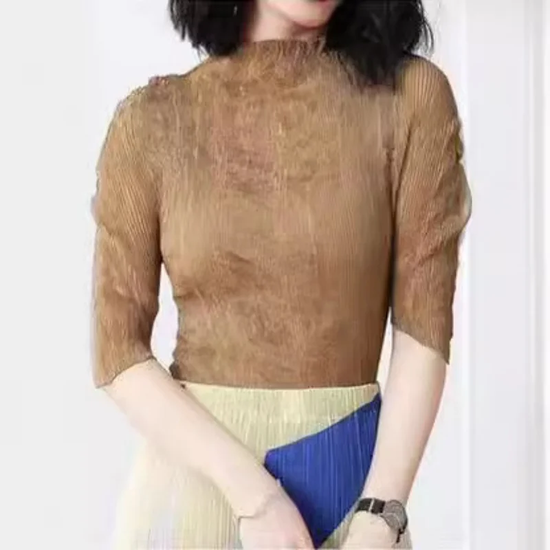 

Miyake Pleated T-shirt 2025 Summer Semi-transparent New Solid Small High Neck Wicker Short-sleeved Sunwear Cool Breathable