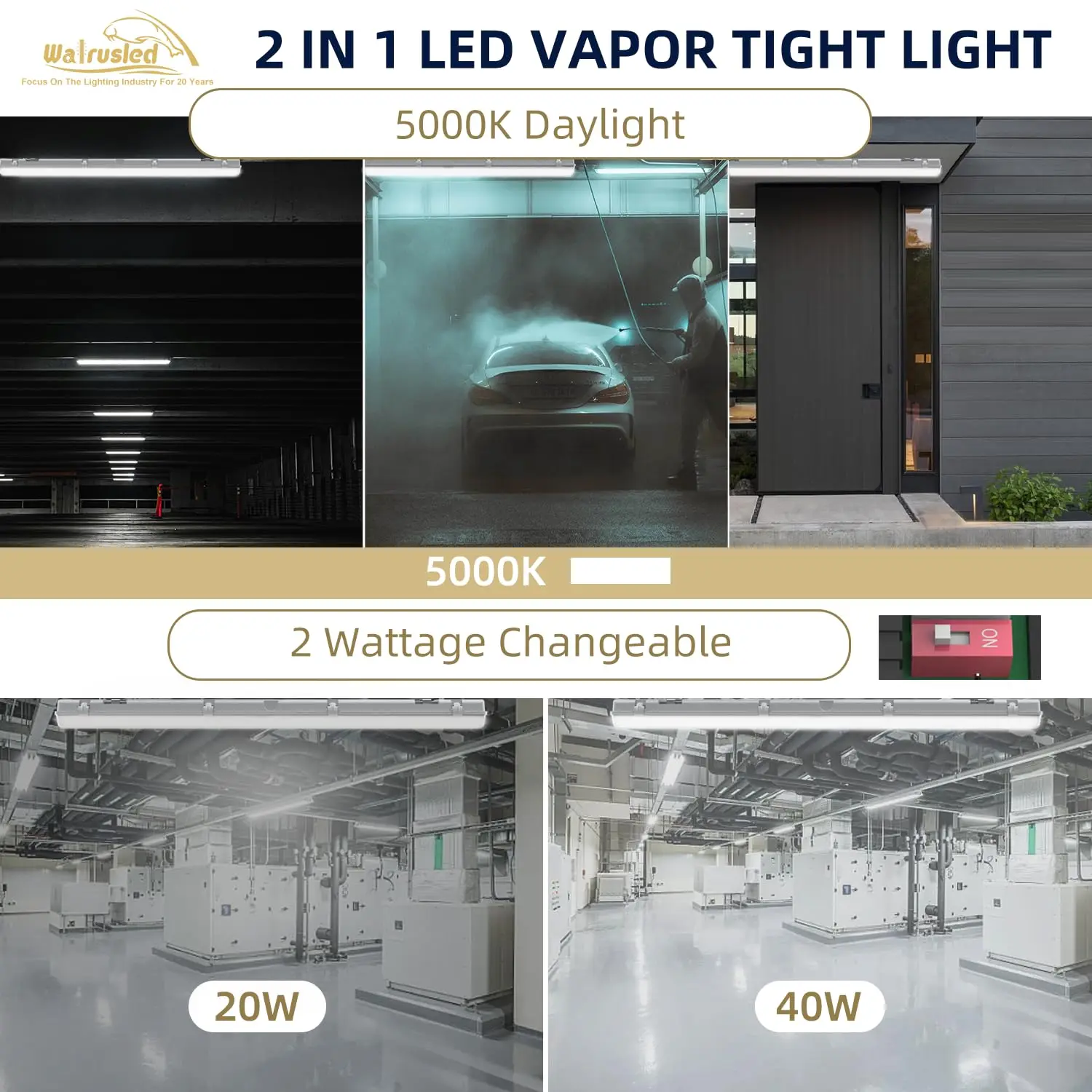 Sensore di movimento a tre livelli da 4 piedi LED Luce di emergenza impermeabile Batteria di backup IP65 40W 5000lm Luci da negozio strette per vapore dimmerabili
