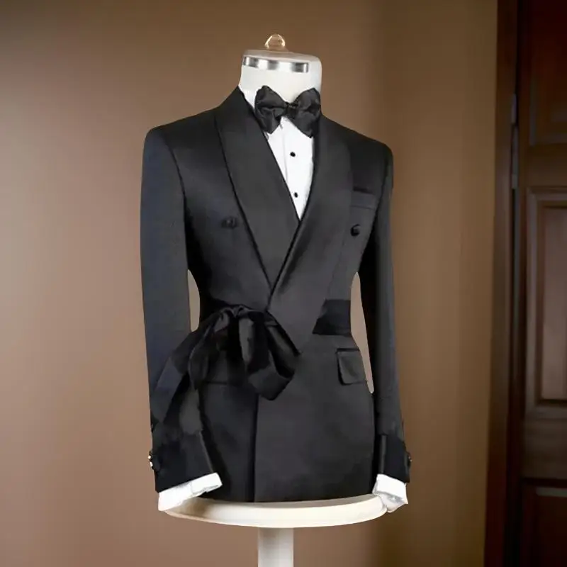 Formal Men Suit Jacket with Belt 2024 Single 1 Piece Slim Fit Male Blazer with Double Breasted Fashion Wedding Suit Coat