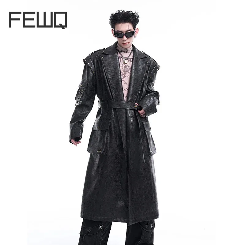 

FEWQ PU Leather Long Coat Men's Autumn Winter Silhouette Solid Color Turn-dwon Collar Darkwear Male Tops Fashion 24E2129