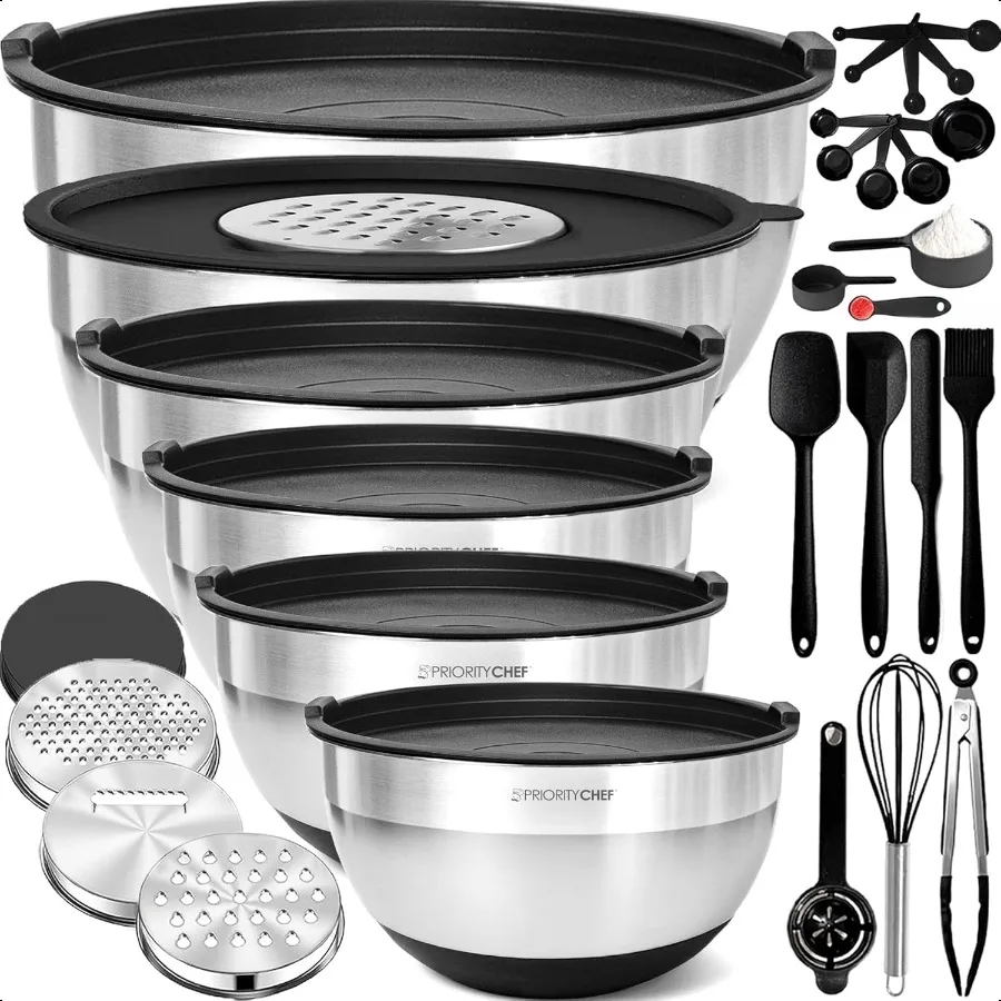 

Stainl Steel Mixing Bowls with Lids Set Premium 30Pcs with 6pc Metal Bowl Set for Kitchen 3 Graters Airtight Lids NonSlip Bases