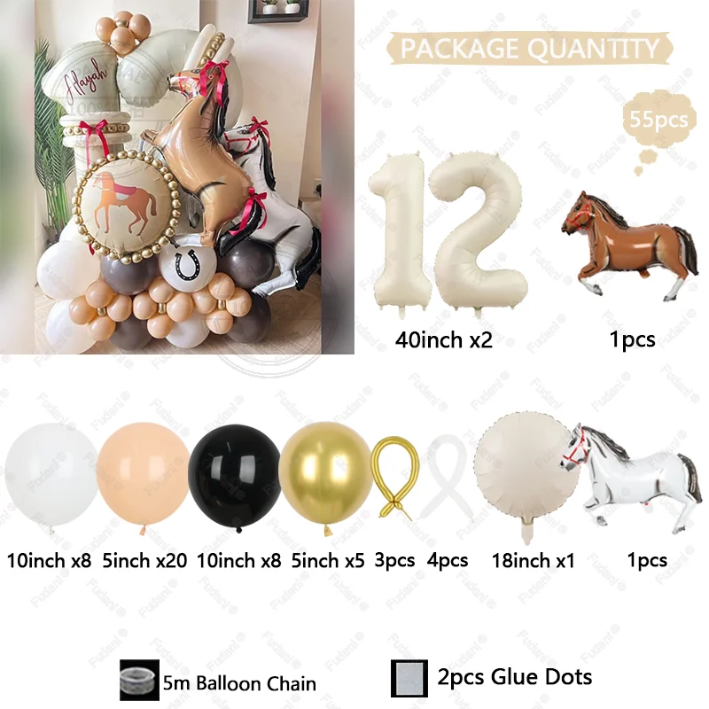 54Pcs Large Racing Horse Themed Balloon Set with 40inch 0-9 Cream Number Balloon for Birthday Western Cowboy Party Supplies view 6