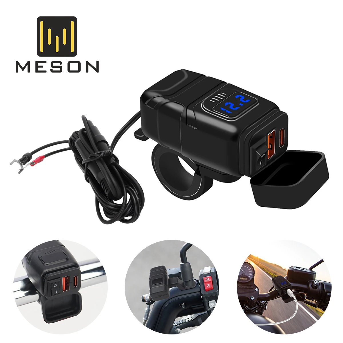Motorcycle Type-c USB Socket QC3.0 Fast Charger 60W Handle Style with Switch Voltmeter Waterproof 12V Power Supply Adapter Kit