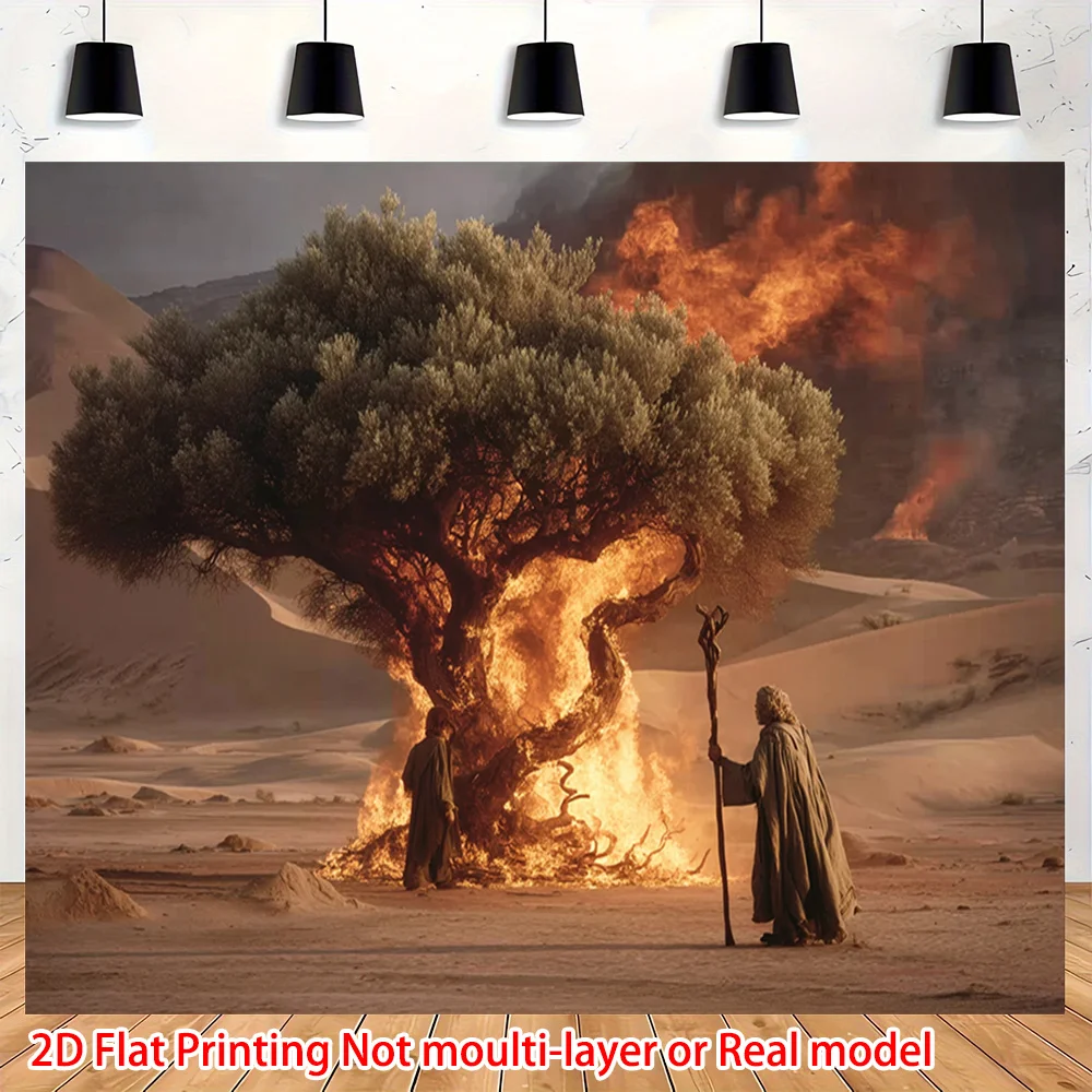 2D Flat, Burning Bush Desert Prophet Fantasy Tapestry Biblical Scene Wall Art Game Room Decor Epic Fire Tree Background Print