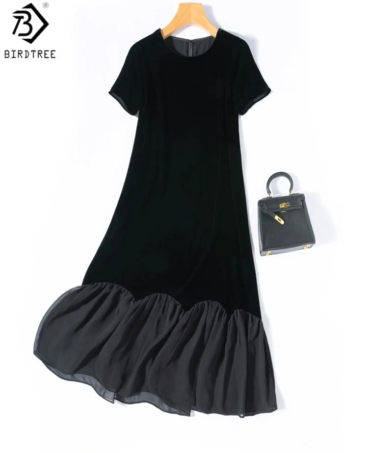 

BirdTree Base Fabric 100% Silk Black Dress,Women O-neck Short Sleeve Loose Autumn Fishtail Velvet Dress D58001JF