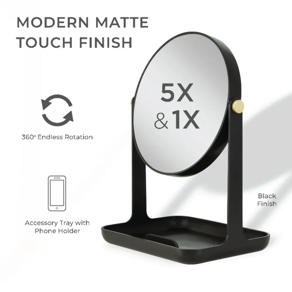 5X 1X Dual Magnification Makeup Mirror with Accessory Tray Phone Holder 360 Degree Rotation Crystal Clear Reflection Vanity