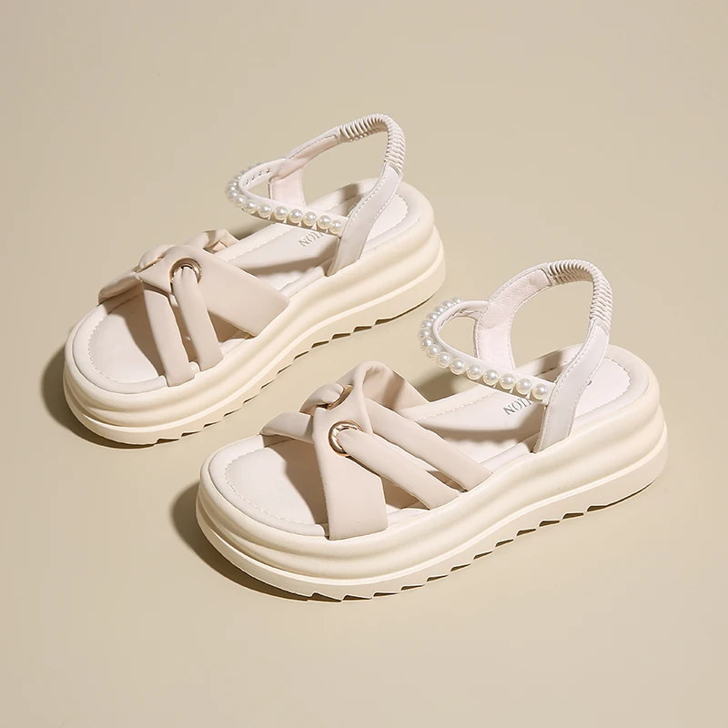 

2025 New Luxury Designer Women's Sandals White Roman Style High Heels Thick Bottom Comfort Summer Beach Wedding Party Shoes
