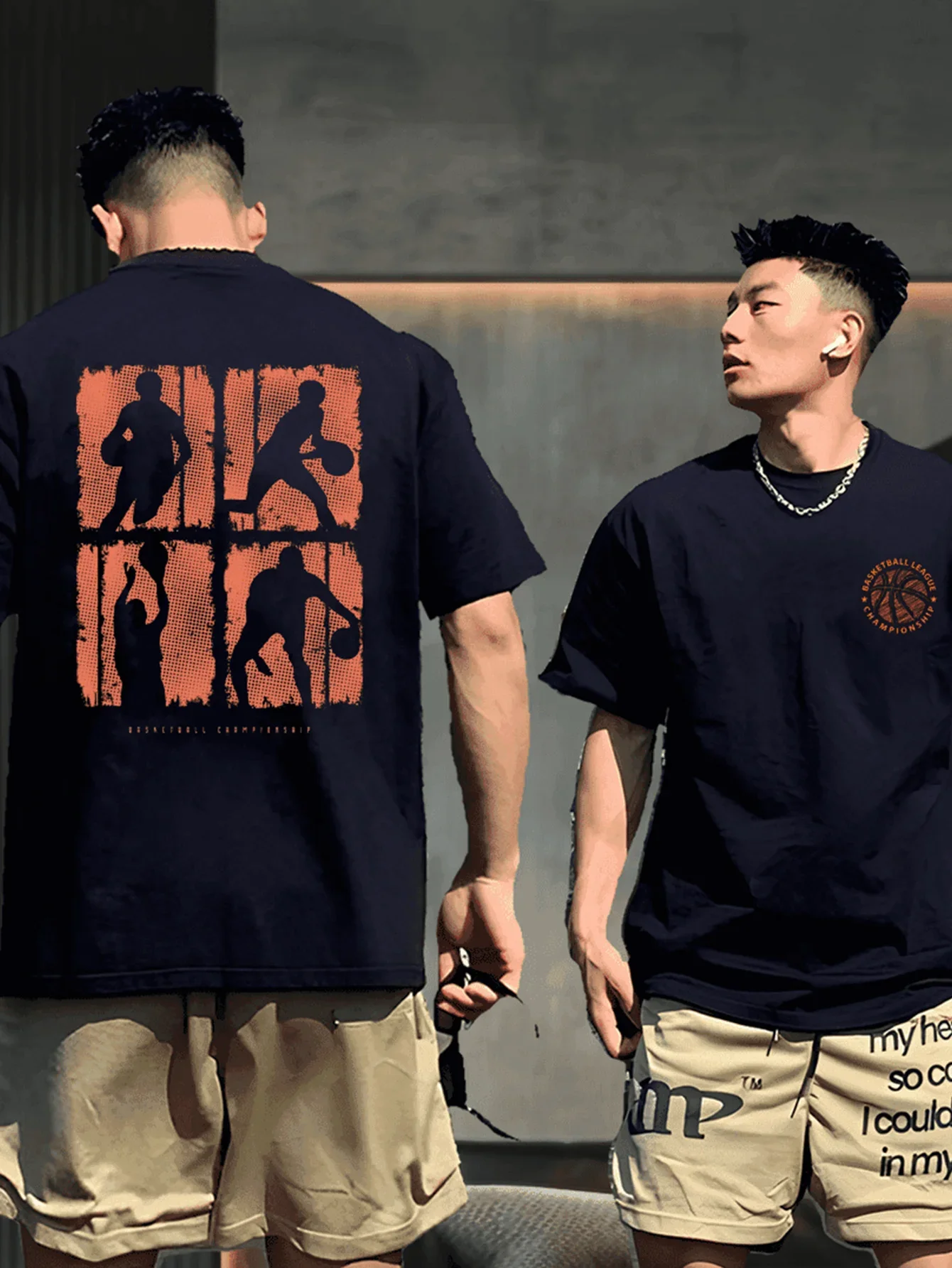 Men's 100% Cotton T-shirt, Retro Orange Textured Basketball Four-square Print T-shirt, Suitable for Everyday Sports Wear