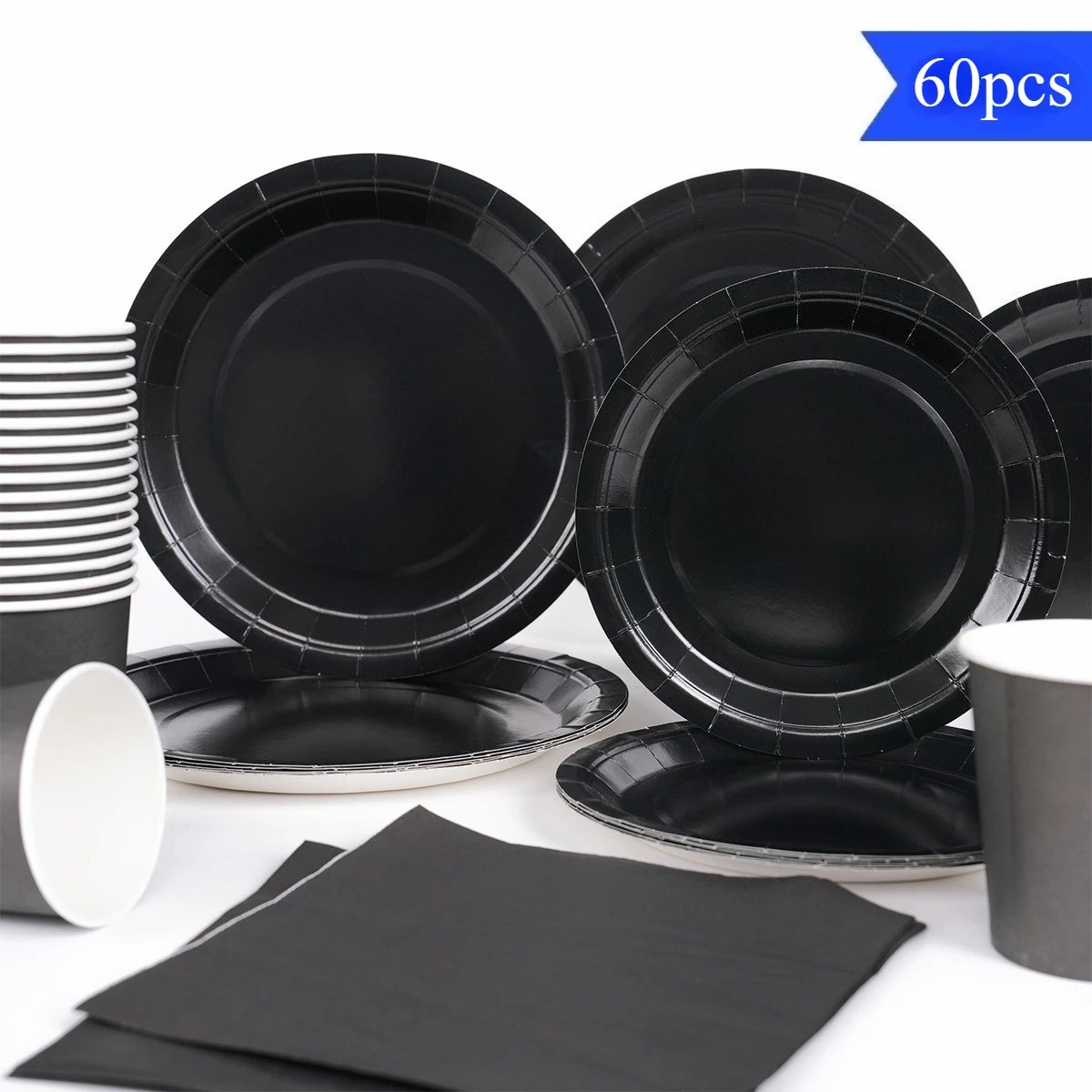 60-teiliges schwarzes Party-Geschirrset aus Papier, Einwegteller, Becher, Servietten für Erwachsene, Geburtstag, Hochzeit, Jubiläumsdekorationen