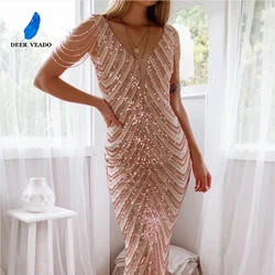 DEERVEADO Mermaid V Neck Sequins Luxury Evening Dresses with Beads Women's Elegant Formal Occasion Dress Prom Party Maxi Dress