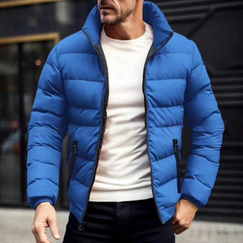 Autumn Winter Warm Down Jacket Men Casual Solid Color Long Sleeve Zipper Stand Collar Cotton Padded Coats Mens Fashion Outerwear