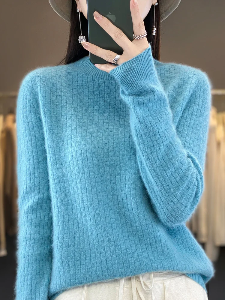 

Aliselect Fashion 100% Merino Wool Traf Tops Women Jerseys Sweater Mock Neck Long Sleeve Pullovers Autumn Winter Jumper Knitwear