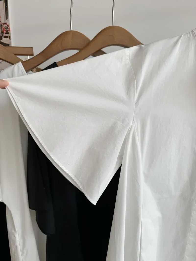 Vestido de popelina de algodón blanco importado, vestido camisero de manga media con cuello levantado para mujer