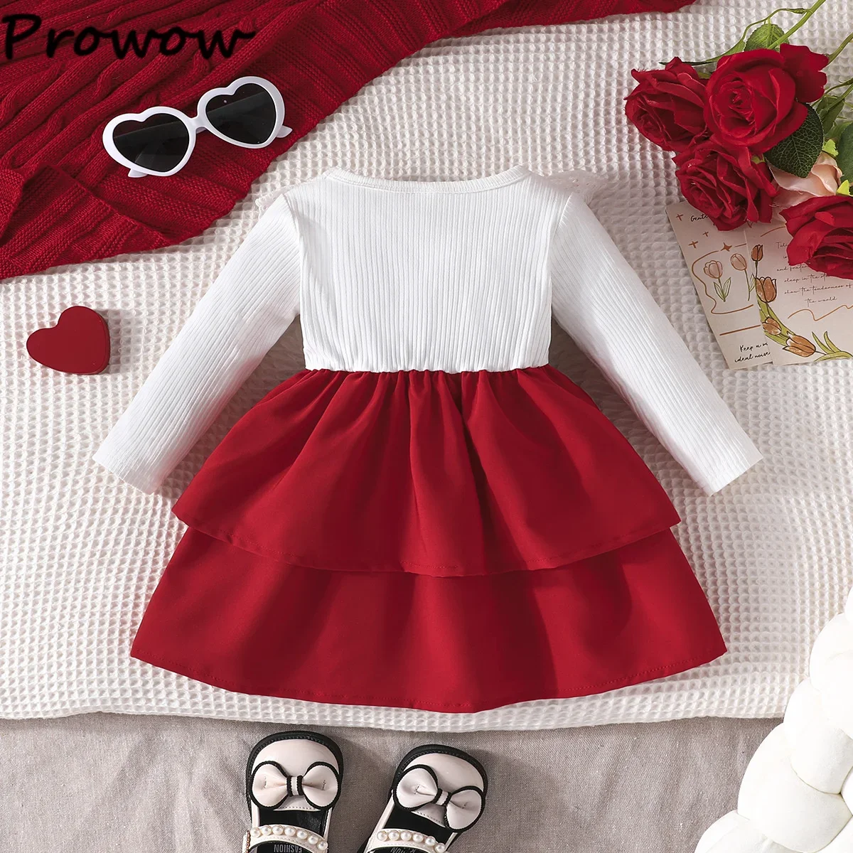 Prowow My First Valenties Day Baby Costumes Patchwork Heart Pattern Red Dress For Girls 2025 Spring Kids Layered Dress 0-3Y