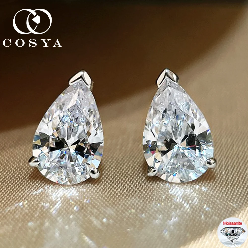 

COSYA 1/2/4CT Pear Cut Moissanite Earrings D Color Waterdrop Lab Diamond 100% S925 Silver Ear Stud For Women Fine Jewelry Gift